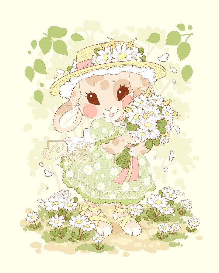A vintage-style drawing of a lop bunny wearing a spring green dress covered with lacey white flowers and a straw hat decorated with daisies. She also holds a bouquet of daisies and smiles happily as she stands among more flowers on a garden path.