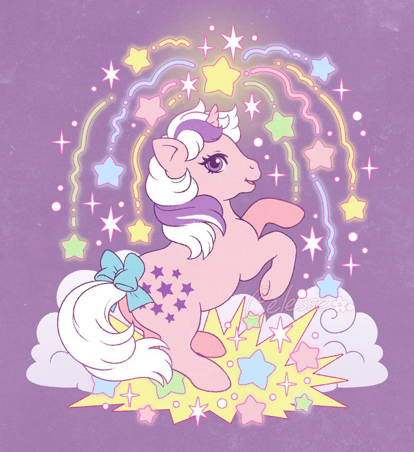 A pastel, vintage-style drawing of Twilight from the first generation of My Little Pony, rendered in a style that's a nod to the retro art of the original ponies. Twilight rears up amongst stylized clouds, a burst of yellow magic and stars at her feet, more magic springing from her horn in the form of sparkling stars that trail down like fireworks.