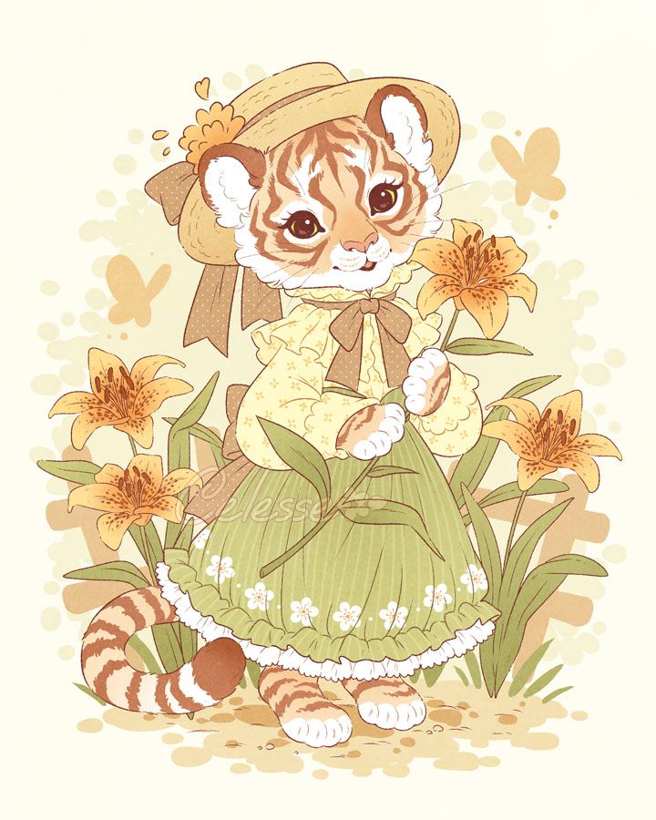 A vintage-style drawing of a young tiger wearing an old-fashioned dress and straw hat. She holds a tiger lily in her paws as she smiles, standing in a garden with more tiger lilies and a country style fence behind her.