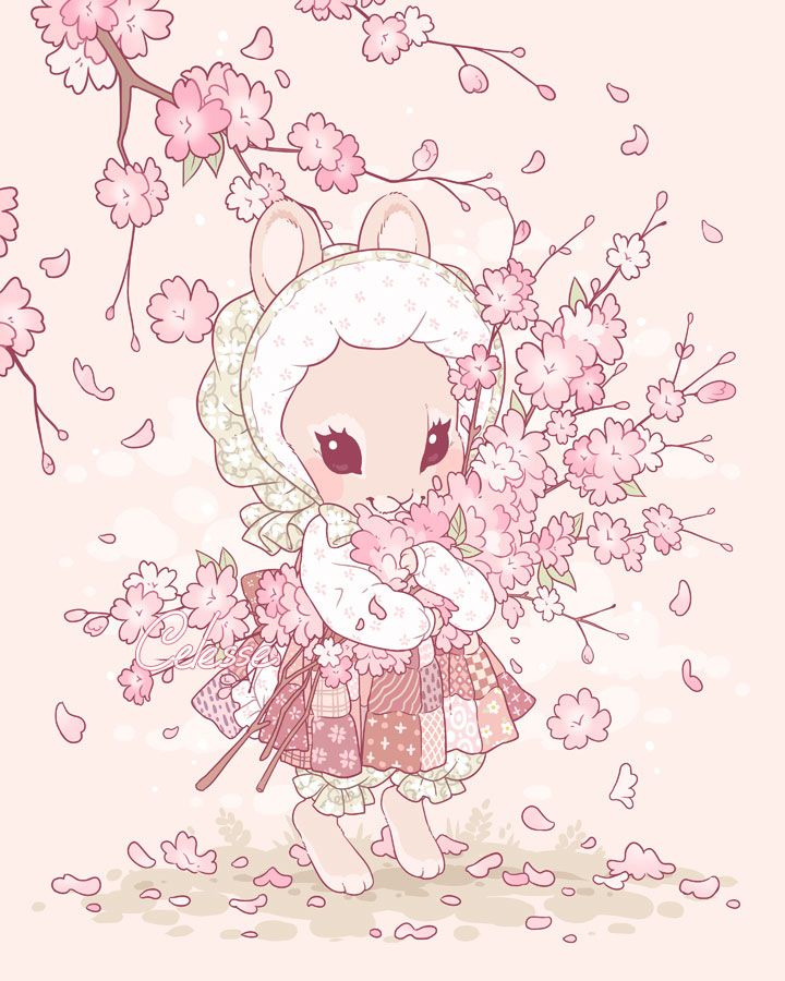 A soft drawing of a beige colored bunny wearing a vintage-style bonnet and patchwork dress rendered in muted pink tones. She holds a large bundle of blooming cherry blossom branches she’s gathered in her arms, a tree branch also stretching down from the top left corner.