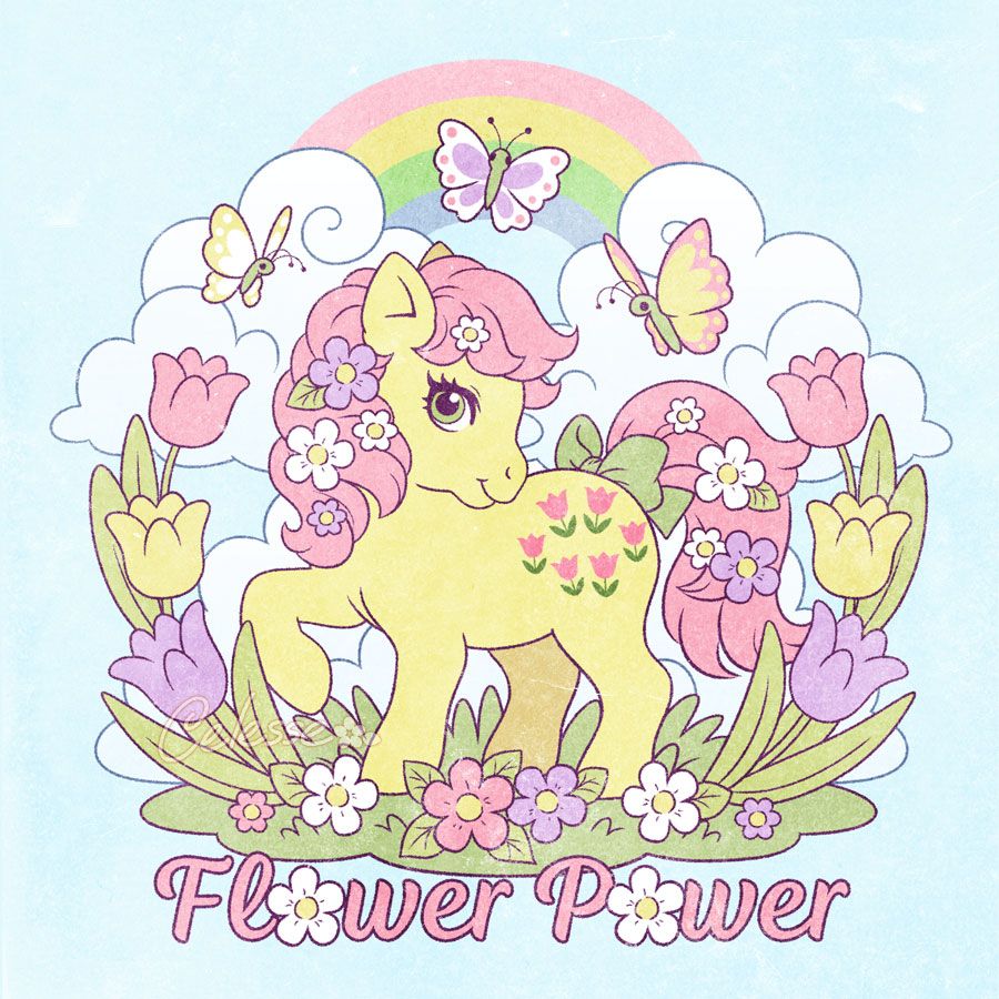 A pastel, vintage-style drawing of Posy from the first generation of My Little Pony, rendered in a style that's a nod to the retro art of the original ponies. Posy stands cutely on a patch of grass with stylized flowers curling up on either side, puffy clouds overhead and a rainbow on top to form a wreath around her. She has flowers in her hair and butterflies float about. The text underneath reads "Flower Power."