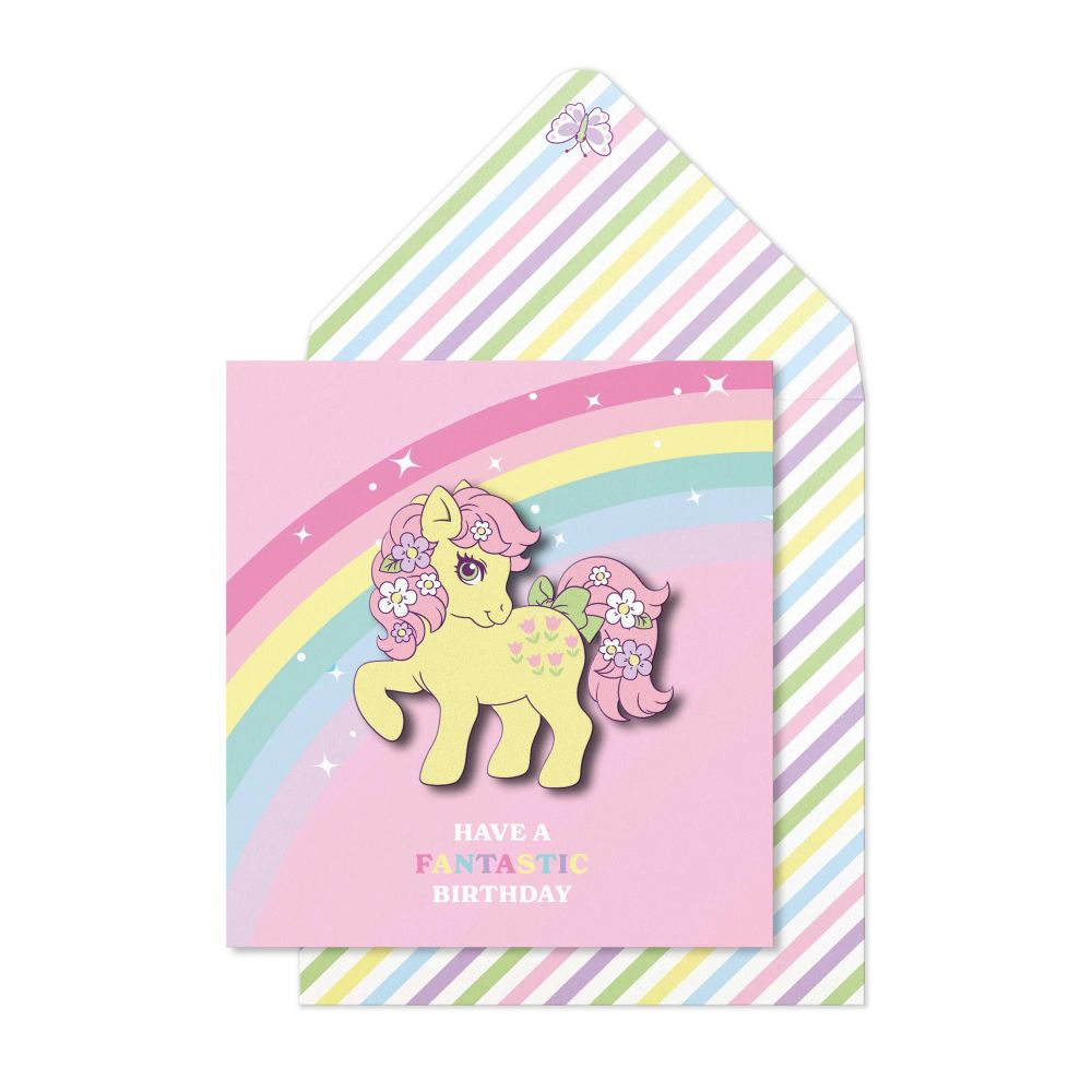 A greeting card featuring generation 1 My Little Pony Posey posing on a pink card with a rainbow in the background and flowers in her hair.