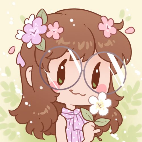 A cartoony drawing of a profile picture for Celesse featuring a girl with comically large glasses, long messy brown hair and green eyes with a lavender polka dot shirt. She holds a white flower up to her face and has random pastel flowers decorating her hair.
