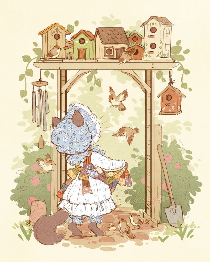 A vintage style drawing of a dark gray cat wearing an old fashioned floral bonnet and white dress with a patchwork apron, facing a wooden arch in a garden with various sizes of birdhouses built on top of it. She holds her apron up, offering seeds from it as birds fly around her.