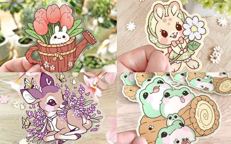 A montage of photos of four different vinyl stickers, each featuring soft, cute artwork of various animals.