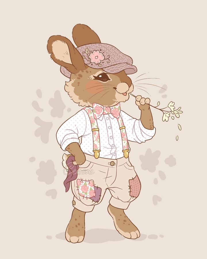 A vintage-style drawing of a rabbit in old-fashioned country clothes with a spring floral theme. They wear a newsboy cap, a white polka dot dress shirt with beige trousers patched with floral print fabric and a matching set of a floral bowtie and suspenders.