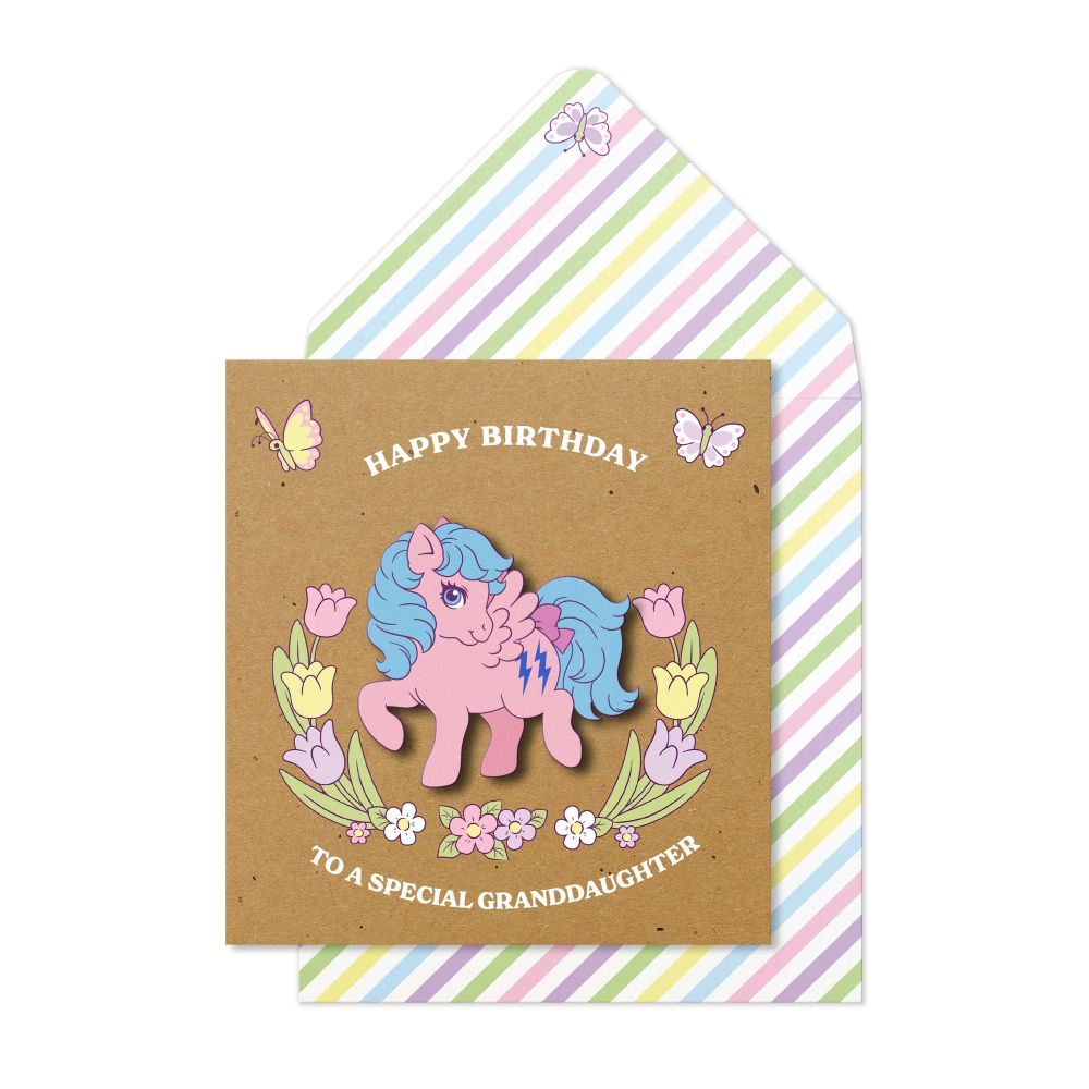A greeting card featuring generation 1 My Little Pony Firefly posing on a Kraft paper background with a floral wreath around her.