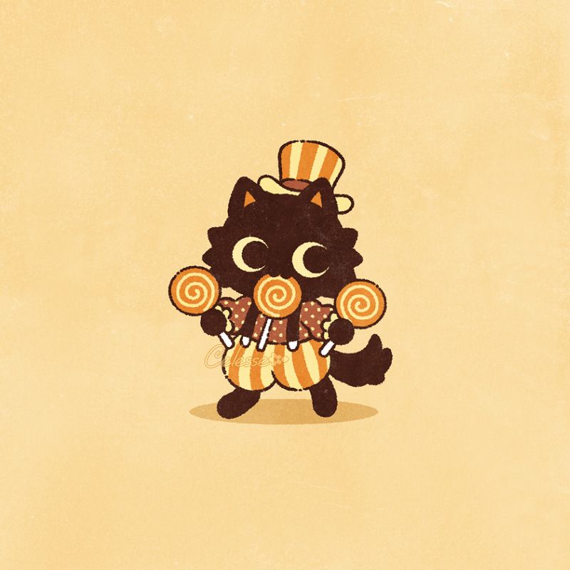A small drawing of a cute vintage Halloween style black cat wearing striped bloomers and a top hat, holding two big lollipops in each paw and one in their mouth.
