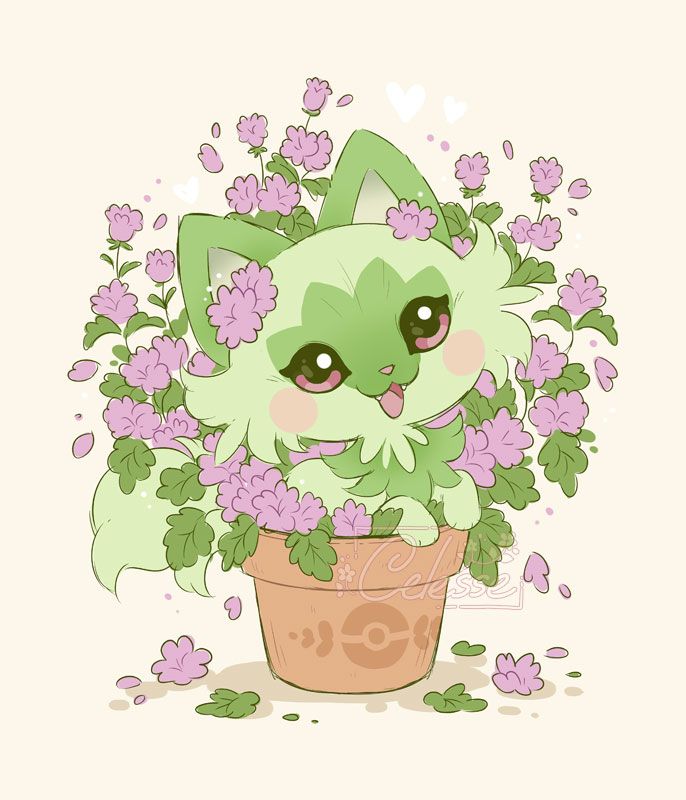 A sketchy drawing of Sprigatito the grass-type cat Pokemon sitting in a clay pot full of flowering catnip with a decorative Pokeball on the front. 