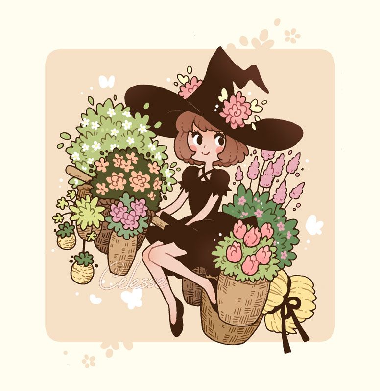 A drawing of a cute little flower merchant witch girl with short brown hair, dressed all in black with a jagged pointy hat and riding a broom. The broom is laden both front and back with many different sized wicker baskets which contain various types of flowers and plants.