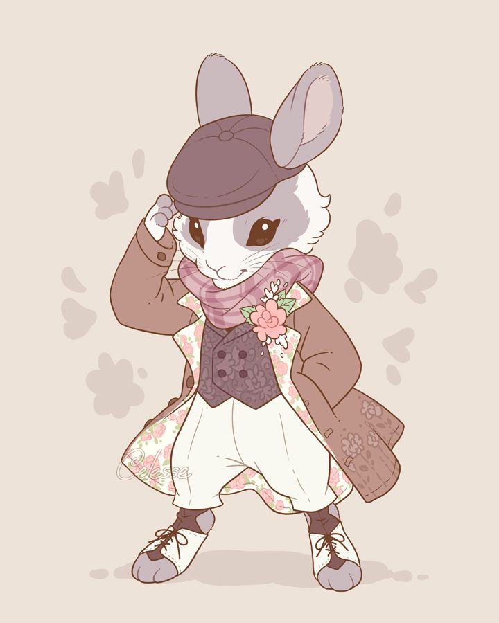 A vintage-style drawing of a rabbit in old-fashioned country clothes with a spring floral theme. They wear a newsboy cap, a brown coat with pink floral print on the inside, a dark vest and light trousers, with spat-like shoes on their feet.
