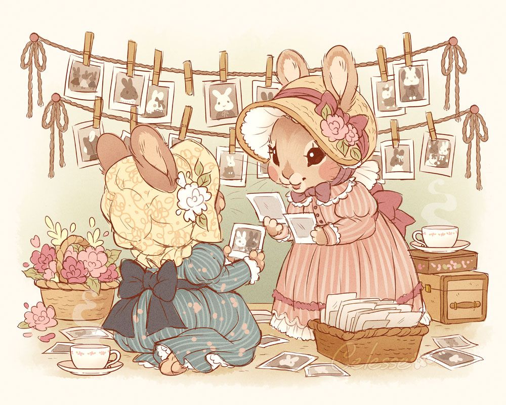 A vintage style drawing of two rabbits in old-fashioned bonnets and dresses, looking through old photographs and hanging them on the wall with clothespins as they share tea and stories together, reminiscing about times long past.