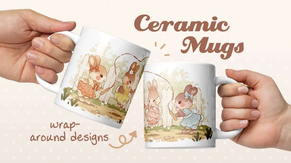 A photo of two hands holding ceramic mugs by the handles and clinking them together, the print on the mugs featuring a long wrap-around scene of a bunch of young bunny girls in old fashioned dresses and playing jump rope together. The text reads, "Ceramic Mugs, wrap-around designs."