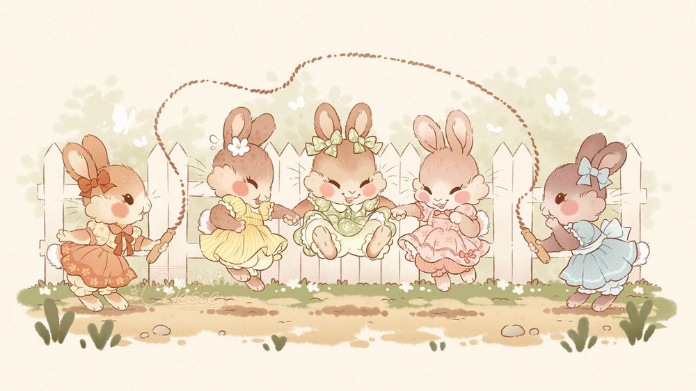 A vintage style drawing of a group of young rabbit girls wearing old timey dresses and playing jump rope in front of a white picket fence. There's one girl on each end swinging the rope and three in the middle holding paws as they jump and laugh.