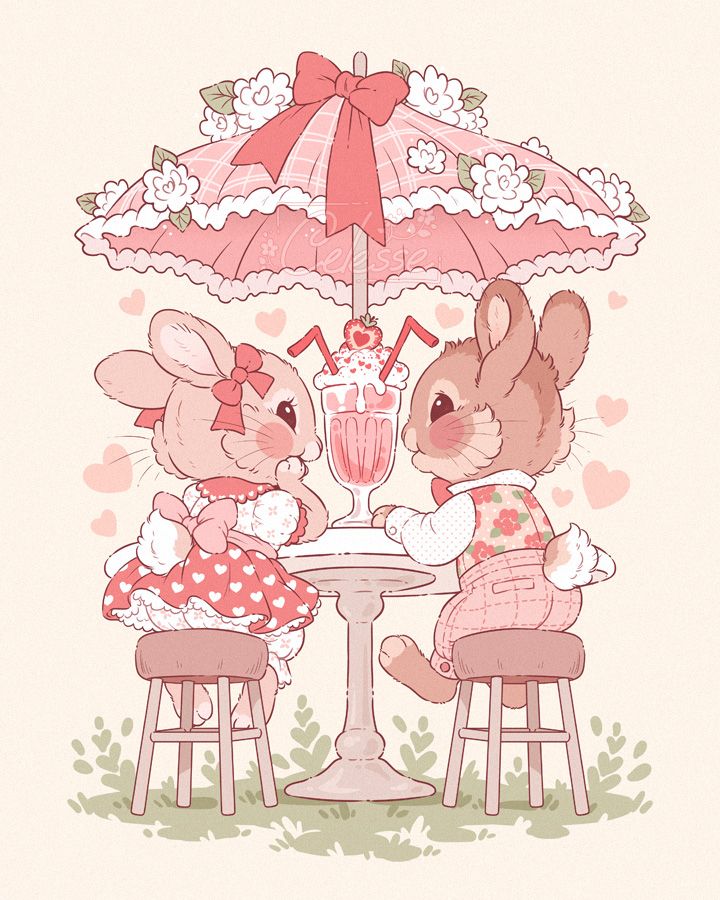 A soft, vintage-style drawing of two bunnies wearing old-fashioned clothing and on a date together, looking happily at each other. They sit on stools at a small table with a frilly parasol and share a decadent strawberry milkshake between them. 