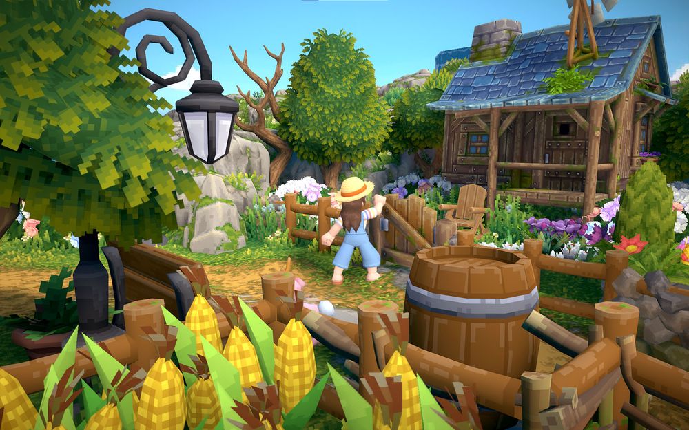 A screenshot of the farming game Luma Island with the player character opening the front gate leading to a simple wood shack house, rows of corn in the foreground