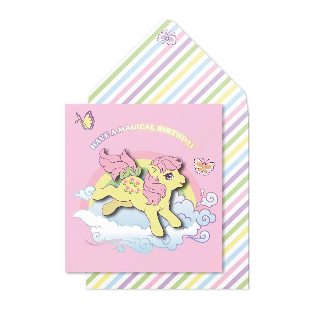 A greeting card featuring generation 1 My Little Pony Posey leaping on a cloud with a rainbow.