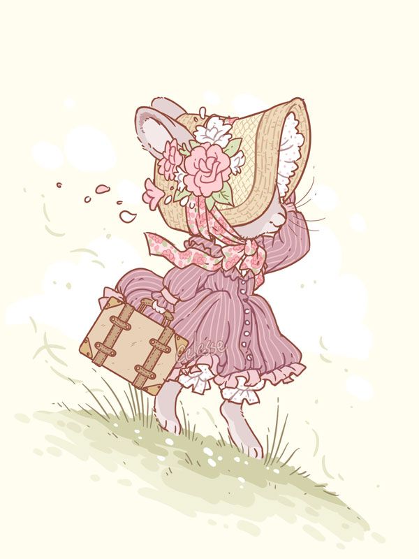 A soft drawing of a light gray rabbit wearing a purple pinstripe traveling dress and holding an old-fashioned suitcase in one paw and her straw bonnet in place with the other, facing right into a gusting wind as she perches ready to go on a sloping grass hill.