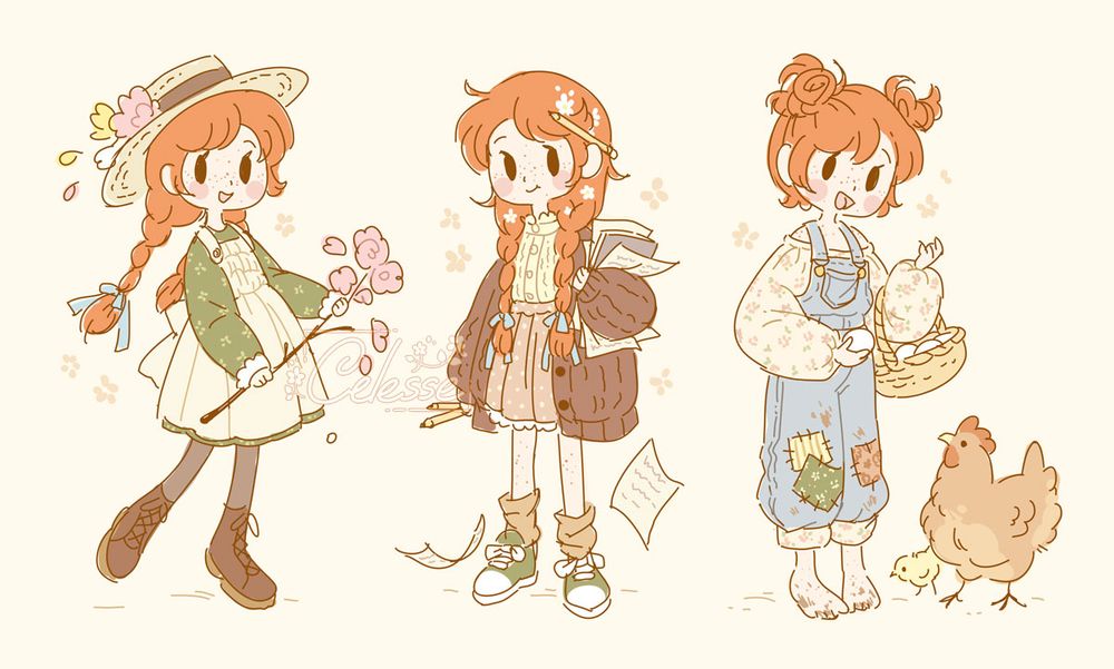 A sketchy drawing of three versions of Anne Shirley of Green Gables in a modern fashion. In the first drawing she wears a straw hat and dress with pinafore and holds a branch of flowers. In the second she wears a blouse and skirt with an oversized brown cardigan and holds a mess of papers in her arm with a pencil in the other hand. In the third she wears denim overalls with knee patches over a puffy blouse, her hair in coiled pigtails, her feet barefoot and dirty as she feeds chickens.