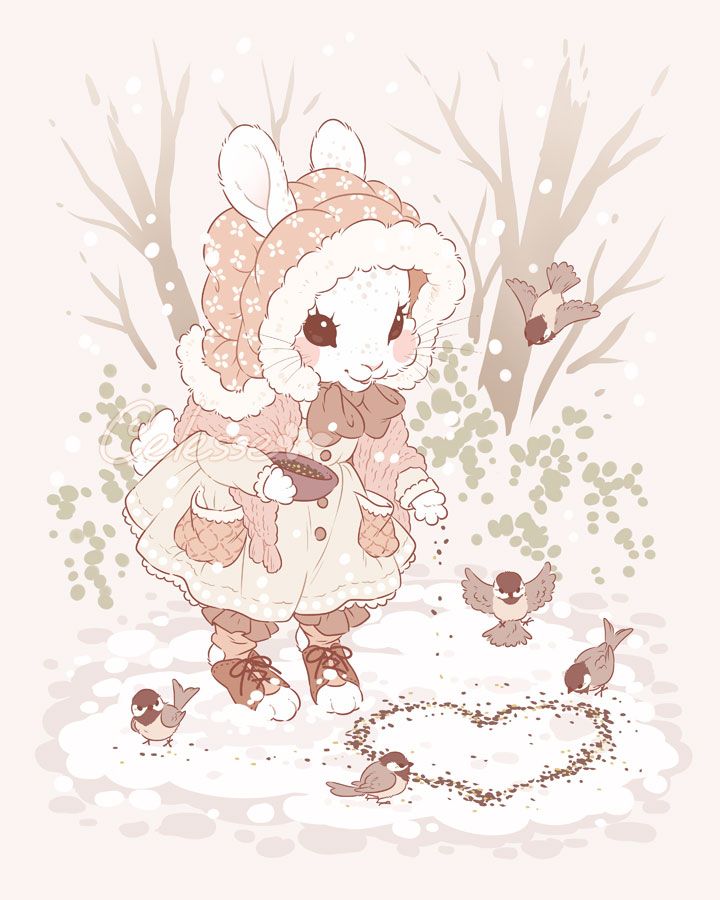 A soft drawing of a white rabbit in a winter woodland scene, wearing a beige wool dress and pale pink winter shawl with a fur-lined bonnet, dropping seeds in the snow in a heart-shaped pattern for a small flock of chickadees.
