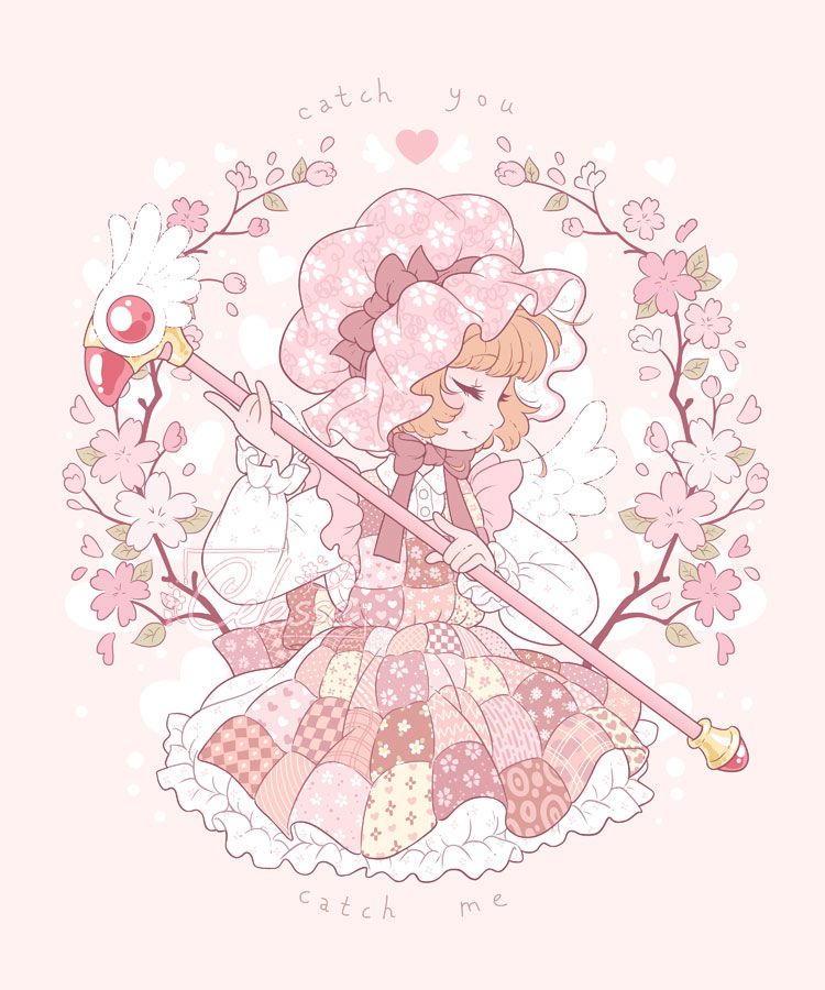 A digital drawing of Sakura from Cardcaptor Sakura wearing a cottagecore version of her main outfit from the anime's opening sequence. She wears a quilted apron and holds her winged sealing staff at an angle as she looks demurely to the side, cherry blossom branches creating a wreath around her. The text reads "Catch you, catch me."