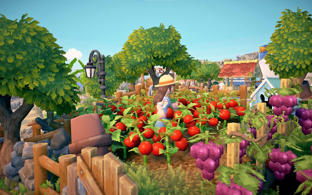 A screenshot of the farming game Luma Island with the player character working in a tomato garden