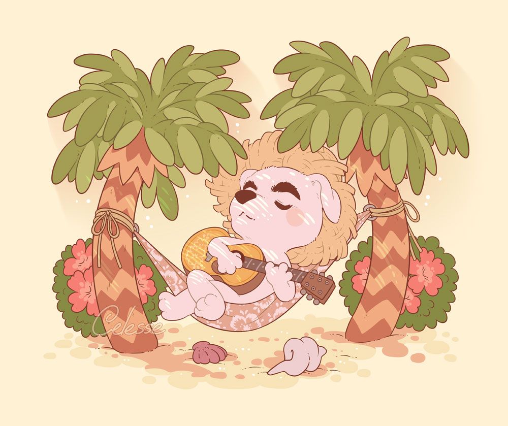 A fanart illustration of KK Slider (the white dog) from Animal Crossing laying in a hammock strung between two stylized palm trees. His eyes are closed as he serenely strums a guitar, a straw hat on his head, hibiscus bushes and seashells on the sand around him.