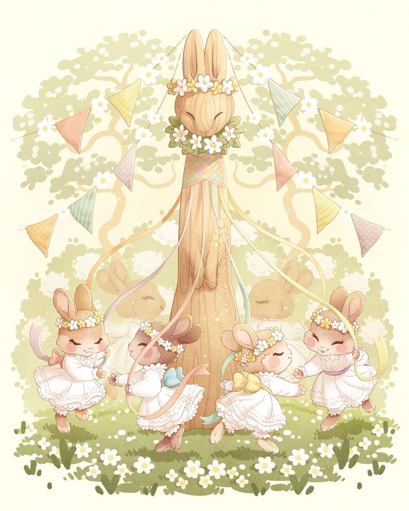 A soft springtime illustration set in a sunny glade, a group of young bunny girls in frilly white dresses and flower crowns prancing around a tall wooden maypole carved in the shape of a rabbit. Each girl holds a ribbon and reaches for the paw of the next girl as they dance, braiding the ribbons around the neck of the maypole. Colorful flags are strung from the top of the pole and flowering trees, bushes and grass decorate the background.
