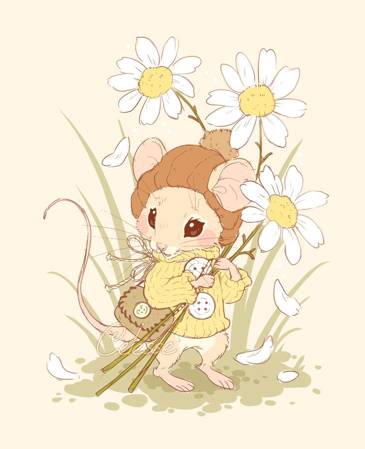 A drawing of a little cream-colored mouse standing in grass, wearing a brown knit hat and yellow knit sweater with large buttons, holding a bundle of three daisies in their paws that towers over their head.