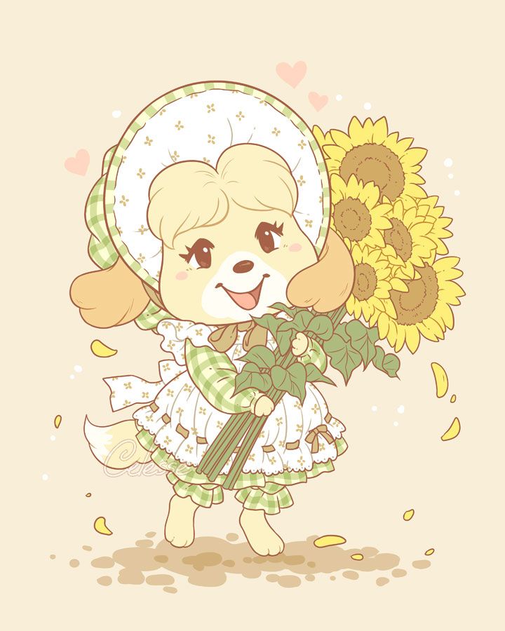 A soft, vintage-style drawing of Isabelle the yellow dog from Nintendo's Animal Crossing wearing an old-fashioned green gingham dress with a matching bonnet and a frilly white apron. She holds a large bundle of sunflowers in her arms as she smiles happily at the viewer.