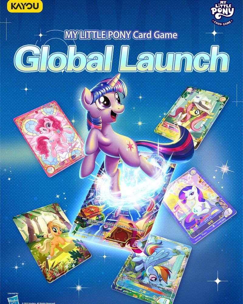 A promo image for a My Little Pony card game. There are 6 different trading cards floating on a blue sparkly background, each card featuring a different pony in a different setting. Twilight Sparkle leaps magically out of the center card.