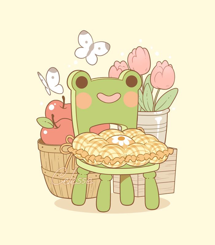 A vintage-style drawing of the froggy chair from Animal Crossing in a country theme, with a frilly yellow gingham cushion on the seat. Behind it sits a basket of apples and a bucket of pink tulips on a wood crate. White butterflies float around the scene.