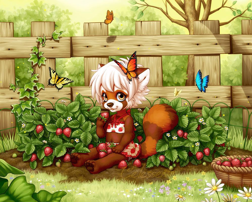 A drawing set in a sunlit backyard garden, an anthro red panda girl with short white hair sits in a patch of ripe strawberries, a few in her lap and one being lifted to her mouth to eat. A brown wood fence is behind her and a woven basket of more strawberries sits to the side while butterflies in various colors flit about.