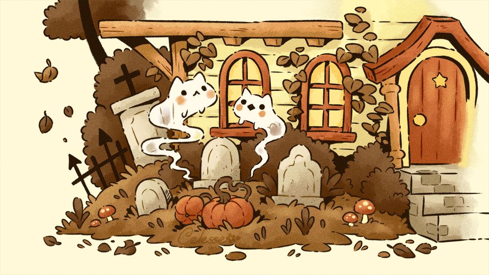 A animated drawing of a vintage-style overgrown cemetery outside of a house, two ghostly cats bobbing up and down by a tombstone