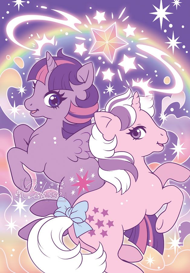 A fan art drawing of Twilight Sparkle and Generation 1 Twilight from My Little Pony. Both are rearing with sparkles all around while magic shoots from their horns and combines to create a glowing star. Magical sparkling clouds and a rainbow decorate the background.