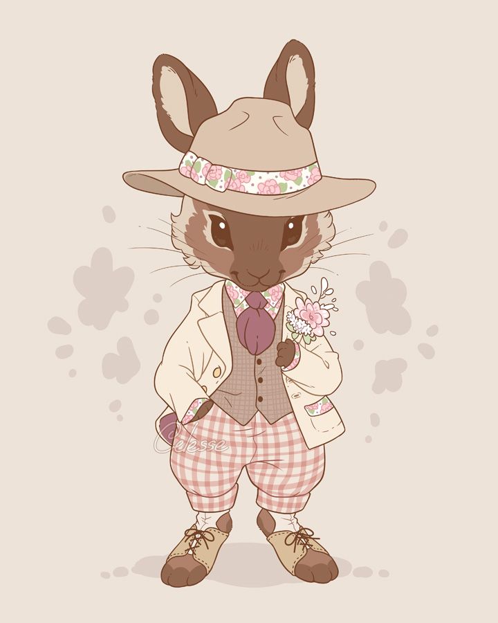 A vintage-style drawing of a rabbit in old-fashioned country clothes with a spring floral theme. They wear a brimmed hat, a suit jacket and vest with floral accents, gingham trousers, and spat-like shoes on their feet.