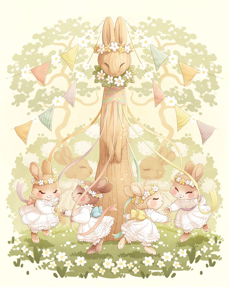 A soft springtime illustration set in a sunny glade, a group of young bunny girls in frilly white dresses and flower crowns prancing around a tall wooden maypole carved in the shape of a rabbit. Each girl holds a ribbon and reaches for the paw of the next girl as they dance, braiding the ribbons around the neck of the maypole. Colorful flags are strung from the top of the pole and flowering trees, bushes and grass decorate the background.