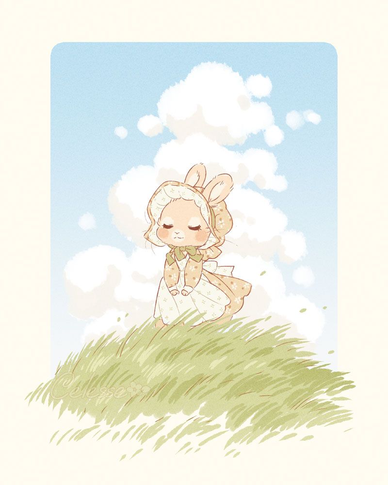 A drawing of a rabbit wearing an old-fashioned floral print bonnet and dress with an apron, standing atop a grassy hill with a pillar of white clouds in a blue sky behind her. Her eyes are closed and her face serene as she quietly takes in the world around her.