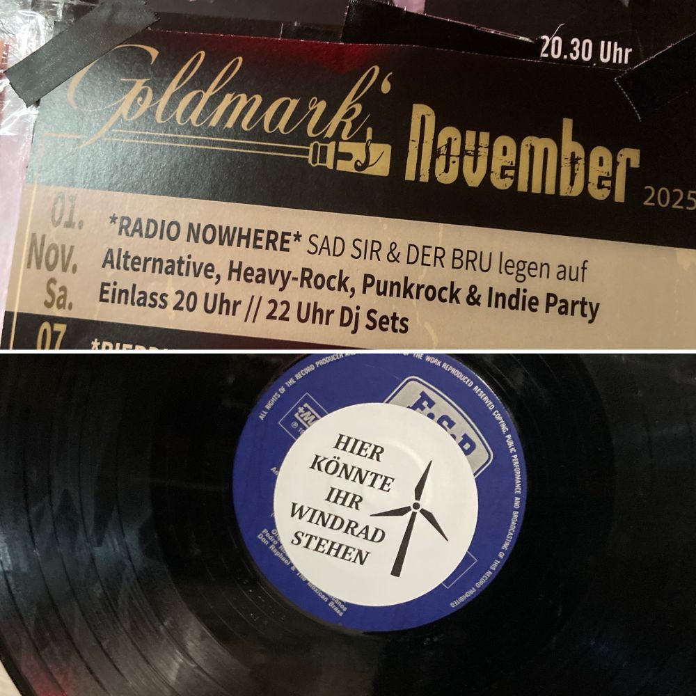 Goldmark‘s Flyer (heute!) und Aufkleber „Hier könnte ihr Windrad stehen“