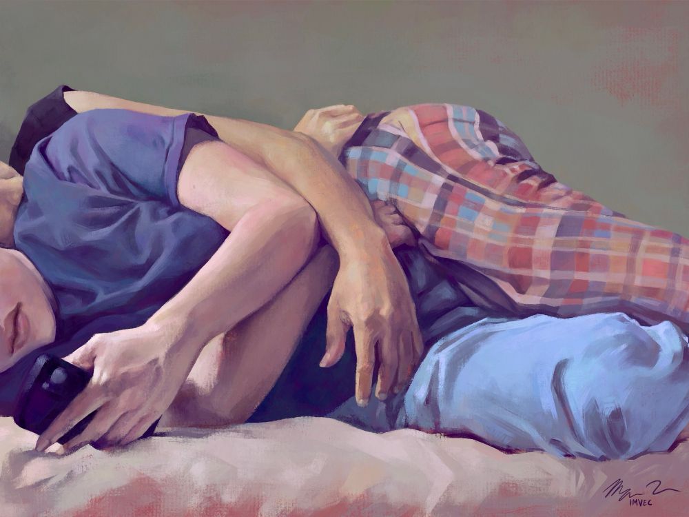 Digital painting of a 2 people’s torsos. One person’s arm loosely draped over the other. Washed out colors, mostly blue & earth tones. Bit of a chalky texture. 