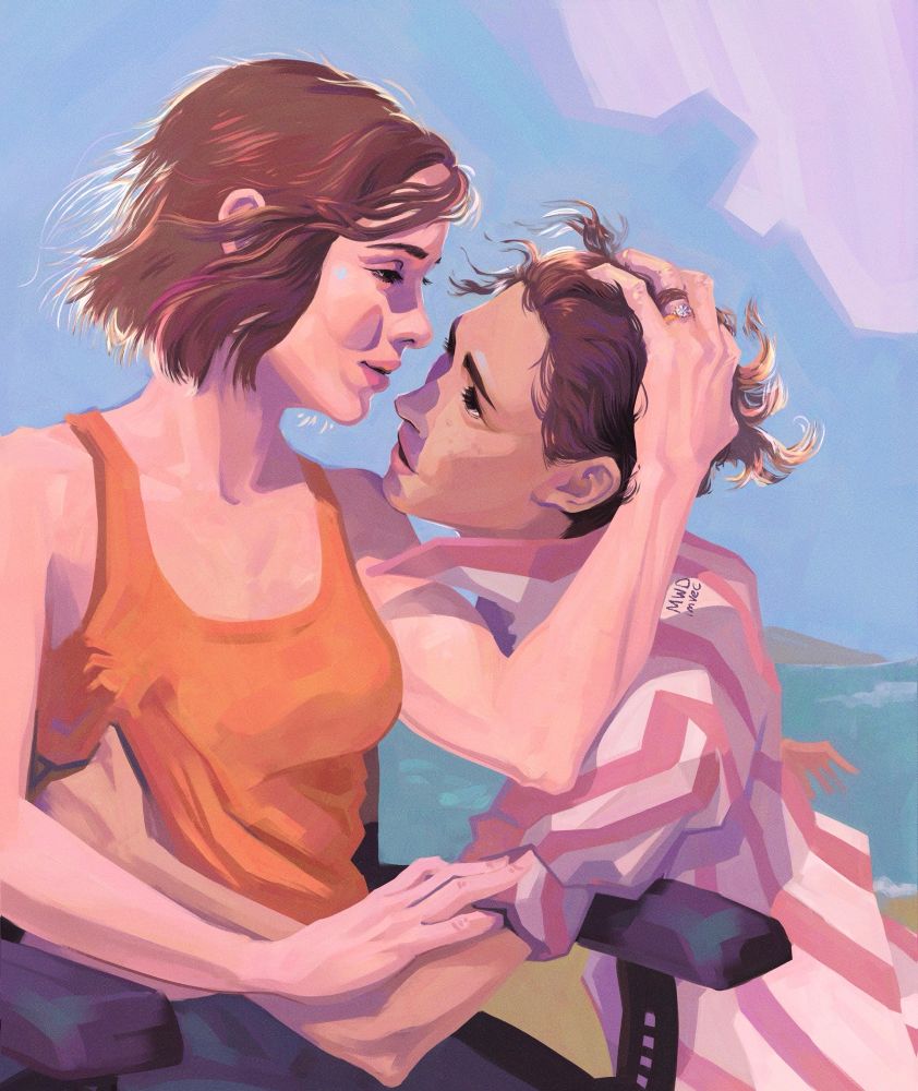 Digital painting. Warrior Nun characters. Ava is smiling and pulling Beatrice closer, with an engagement ring on her finger. Beatrice is happy, but maybe a little confused looking. That wasn’t totally intentional, but I liked it and kept it. Beatrice is wearing a pink striped beach shirt and Ava is in an orange tank top. Bright colors. Purple shadows.