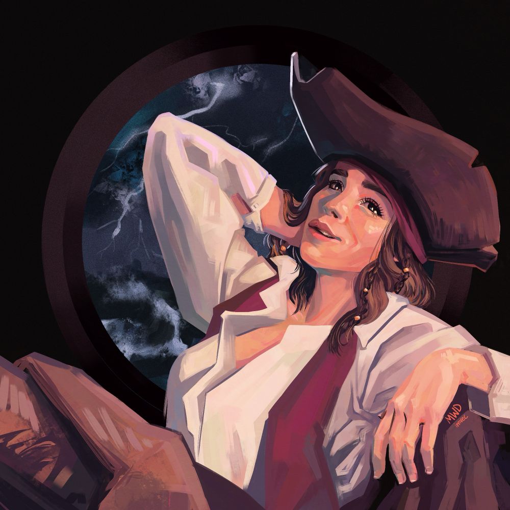 Ava (From Warrior Nun) (as Future Pirate Captain Ava in chapter 1 of WalktheGalaxy’s fic) sits, projecting smug relaxation. She’s wearing a brown leather tricorn, red vest, and white shirt. A storm is raging in the porthole behind her.