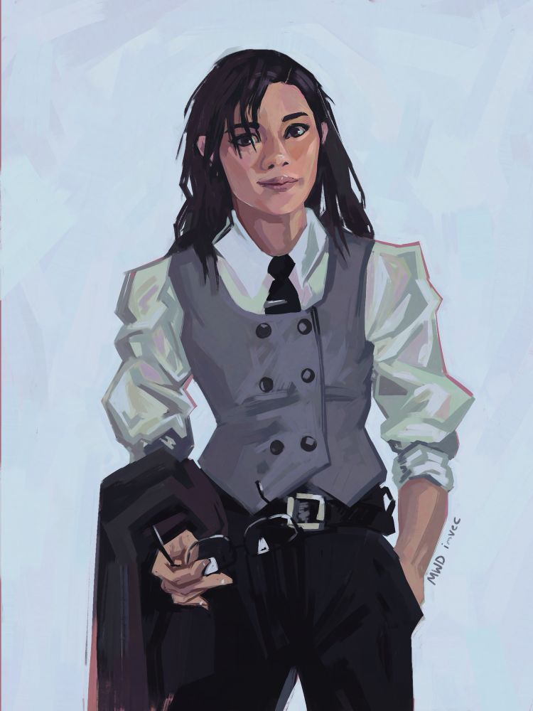 Beatrice from Warrior Nun (wife says it doesn’t look like her with all the eyeliner :/) dressed in a vest and tie outfit. One hand in pocket, other holding a pair of glasses. White hatched background. Not especially blended