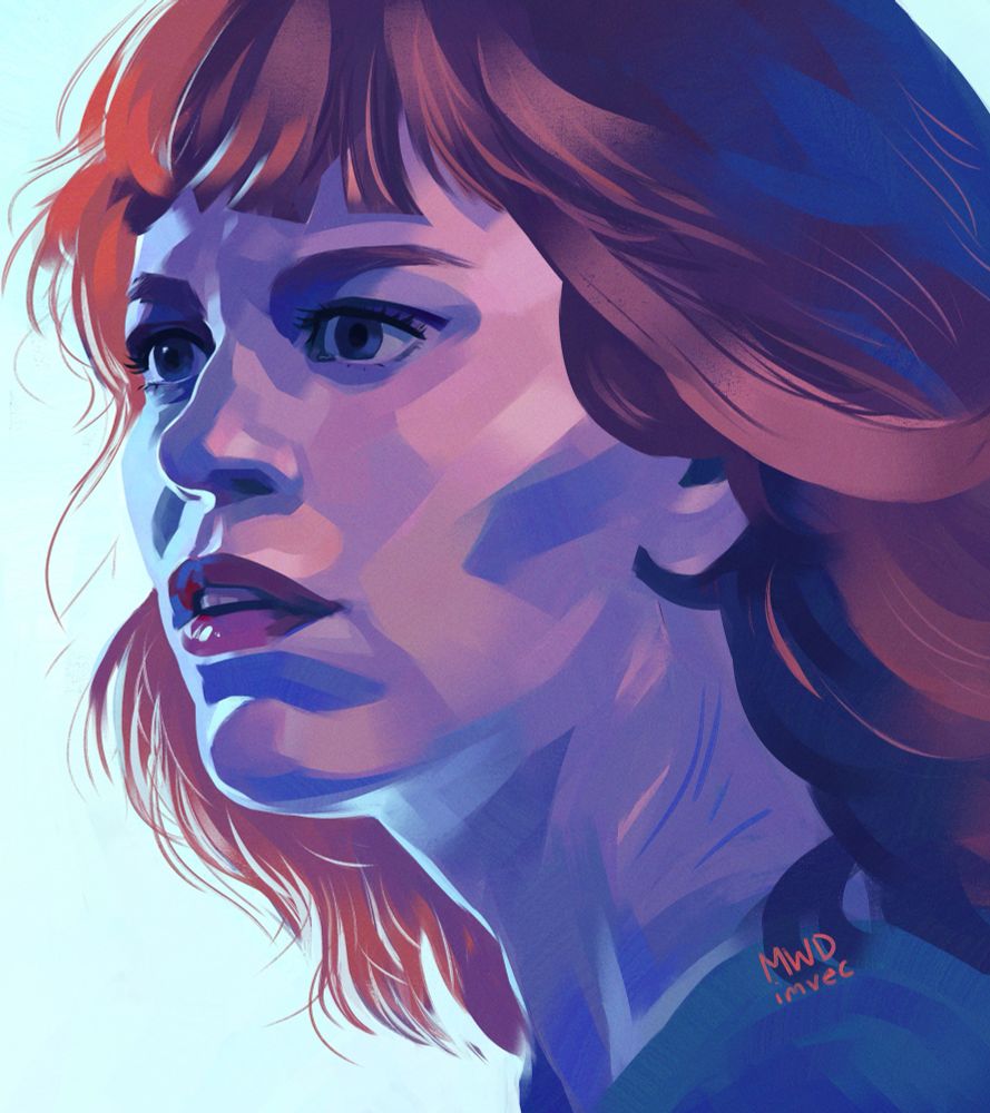 Digital painting of Helly R from Severance in (Lumon) blue, pink, and orange. She looks a bit upset.
