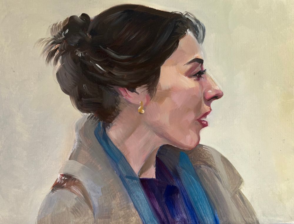 Study in oil of a still from Severance s2s7 (which is very beautiful! Was impressed!). Character is (spoiler?)Gemma in profile. Warm colors & off white background.