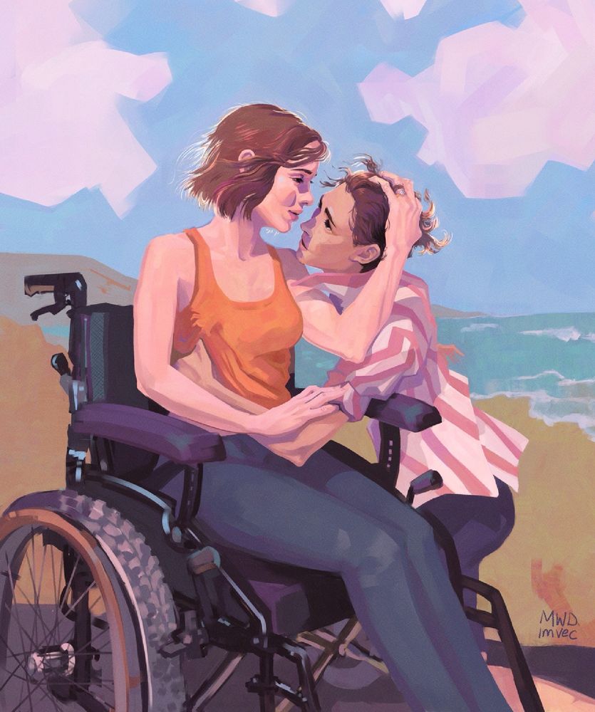 Wider shot. This is the main pic, but the downscaling makes the faces like 3 pixels so I posted it second. Ava is in a wheelchair & Beatrice is on one knee. They are on a path next to the beach. It is a sunny day with big puffy clouds and soft waves. The feet are cropped out cause after drawing four hands I didn’t feel like drawing feet too. Pose & colors same as previous image.