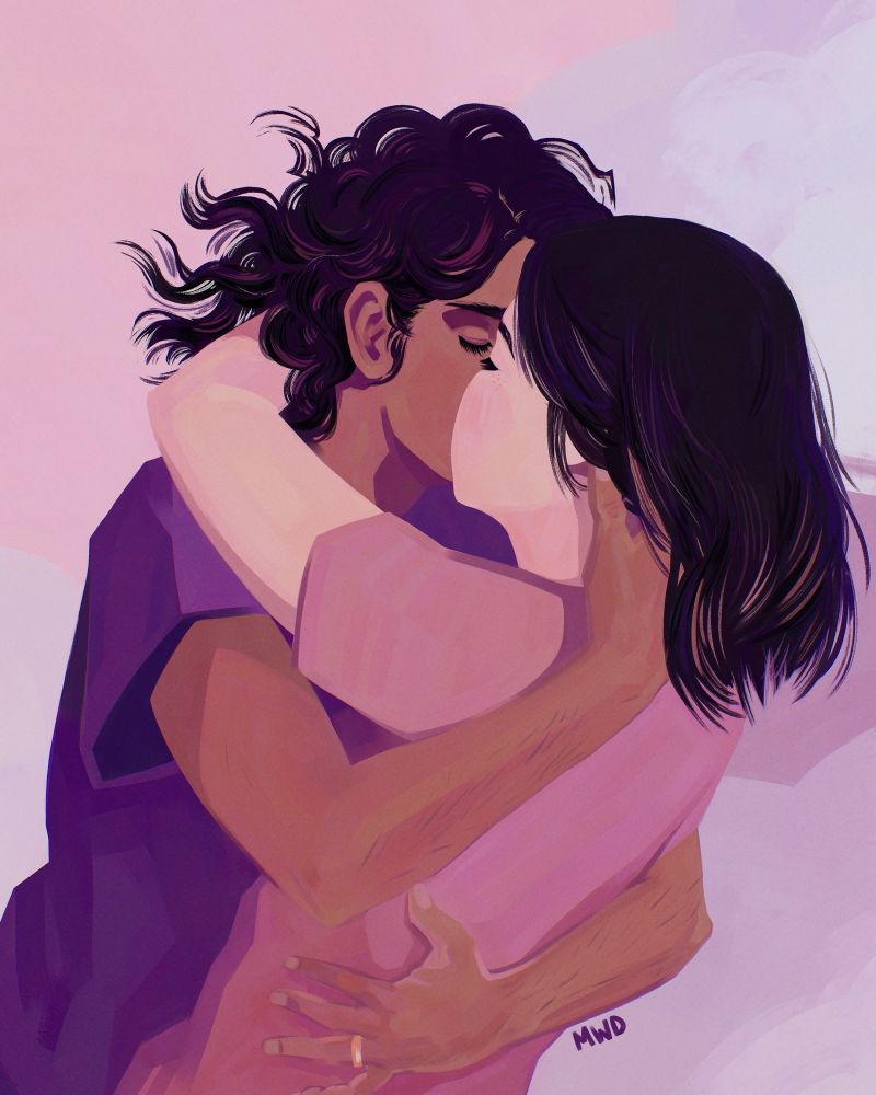 Fairly simple 2 woman hug pose. Kiss? Ambiguous. Drawing style is a little more simplified than I usually do. Fluffy pink cloud background. This is of me&wife (like basically all my drawings of two people who look like this.) Which makes it kind of hard to write text because I’m not sure what other people see. 

I guess character of me is wearing a purple tshirt, midtone skin, black/brown curly/wavy hair. Character of wife has a pink shirt & straight black hair. Both hairstyles are sort of uncombed looking. Mine for realism, wife’s because she saw how I drew mine and wanted more ‘swooshy hair strands’. 
I also gave myself arm hair, both cause it’s trendy in art right now, and cause it would look off without it. 
The shadow tones are purple (I’m going through a purple phase). 

This is a redraw of something I drew 6 yrs ago and posted on reddit. If it looks familiar, that’s why. I’m way better now tho. Someday I’ll be good at alt text too.