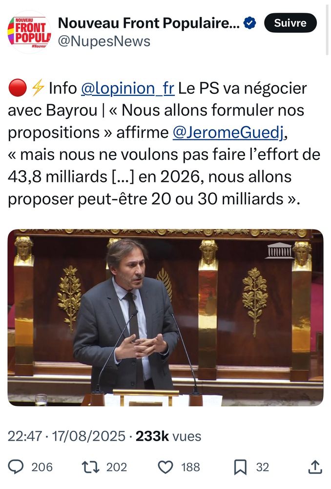 Citation de l’article de l’Opinion reprenant la formule de J Guedj concernant le budget de Bayrou « nous allons formuler des propositions »