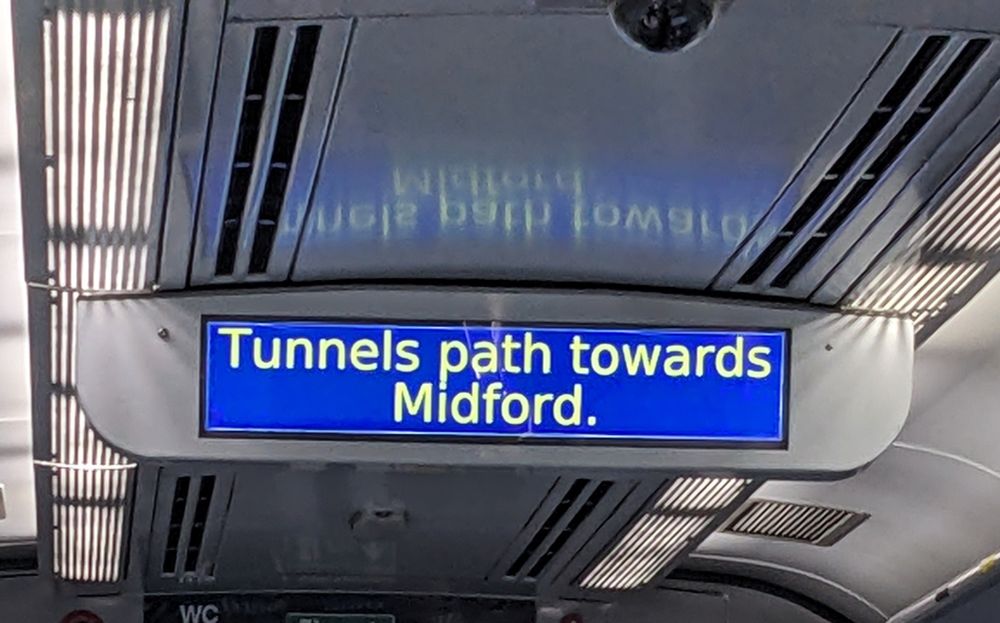 Passenger information screen announcing the Two Tunnels Shared Path at Oldfield Park. 