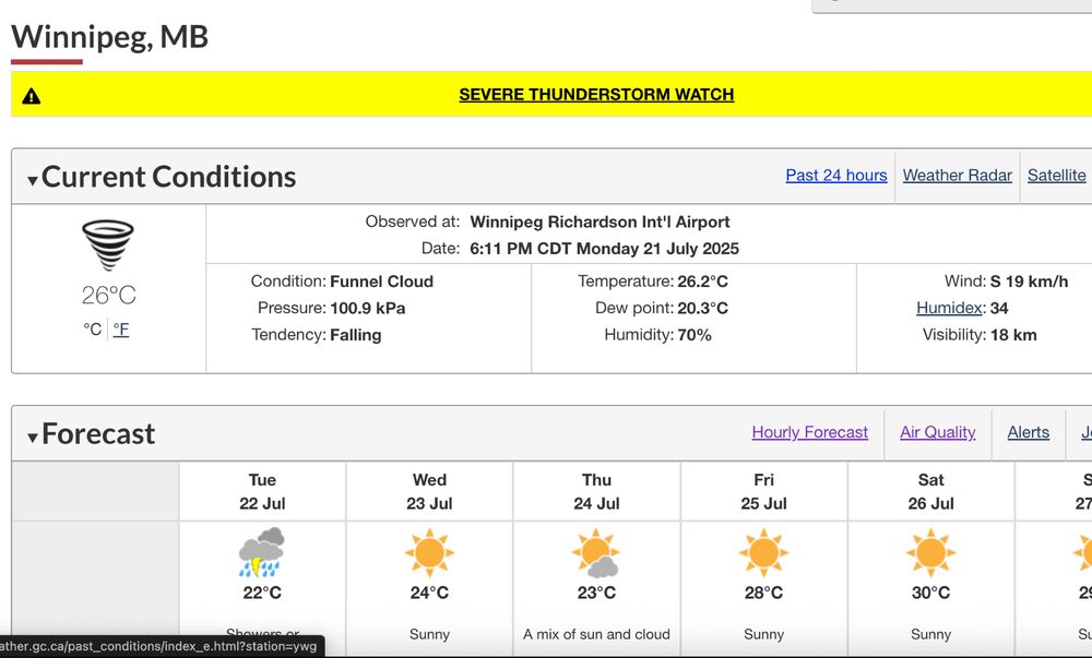 Screen capture of the Environment Canada website saying the current conditions in Winnipeg is "funnel cloud"